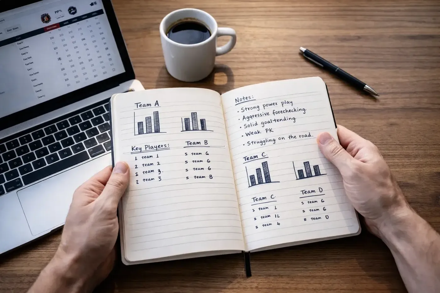 Person som analyserar ishockeystatistik och lagform i ett anteckningsblock